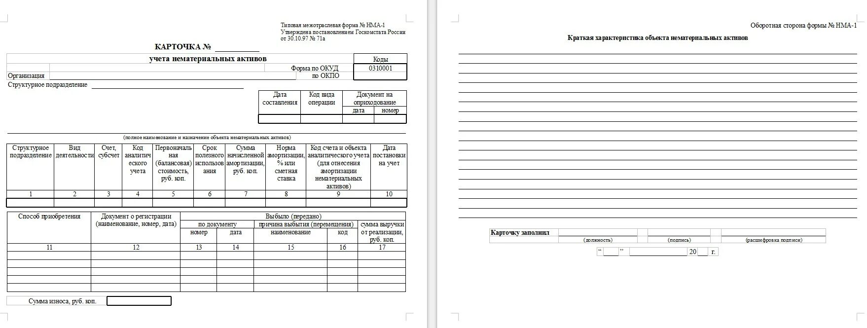 Форма 18 карточка учета организации образец. Карточка учета нематериальных активов по форме НМА-1. Карточку учета нематериальных активов (ф. НМА-1). НМА-1 карточка учета нематериальных активов образец заполнения. Карточка учета нематериальных активов программное обеспечение.