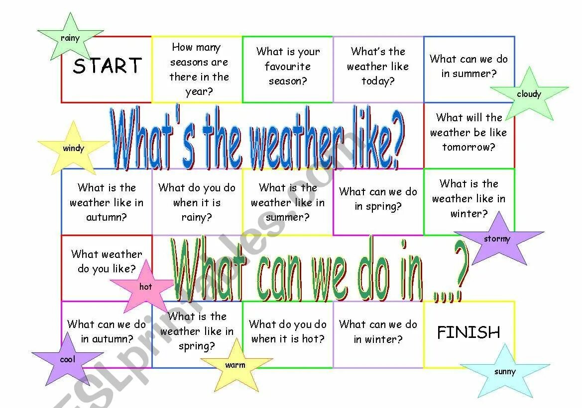 Weather conversations. Seasons and activities Board game. Questions about weather. Speaking about weather and Seasons. Seasons and weather Board game.