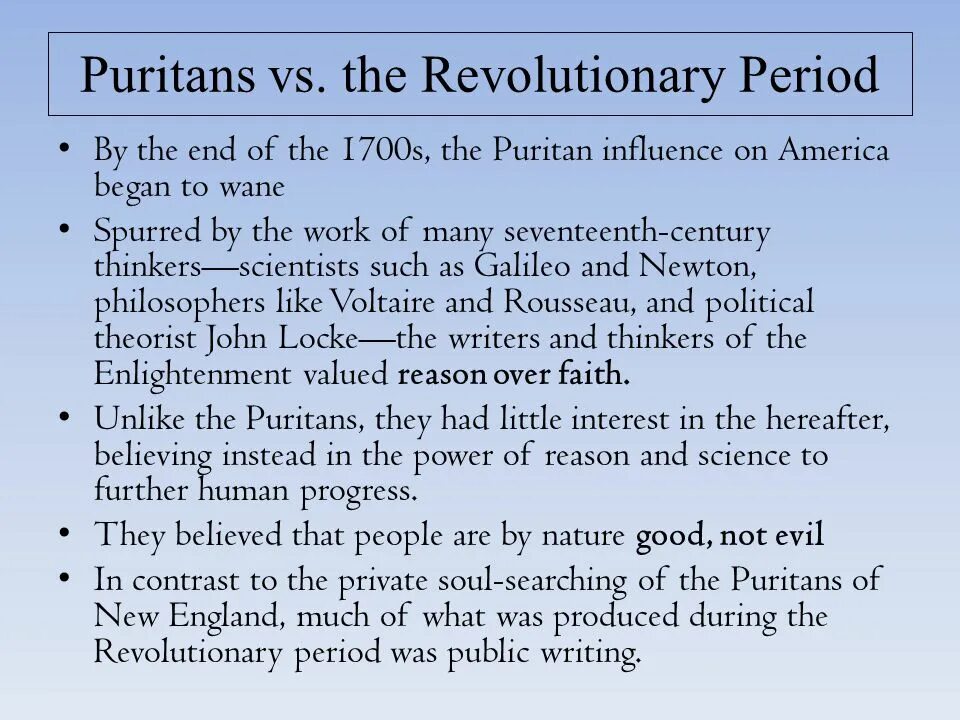 The revolutionary period in American Literature. American Literature periods. The Puritan Literature. Periods in English Literature.