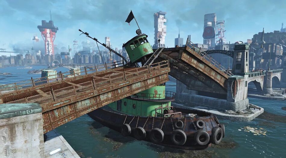 Корабль сломал мост. Клокот фоллаут. Фоллаут 3 разрушенный мост. Fallout 4 клокот. Fallout 4 мосты.