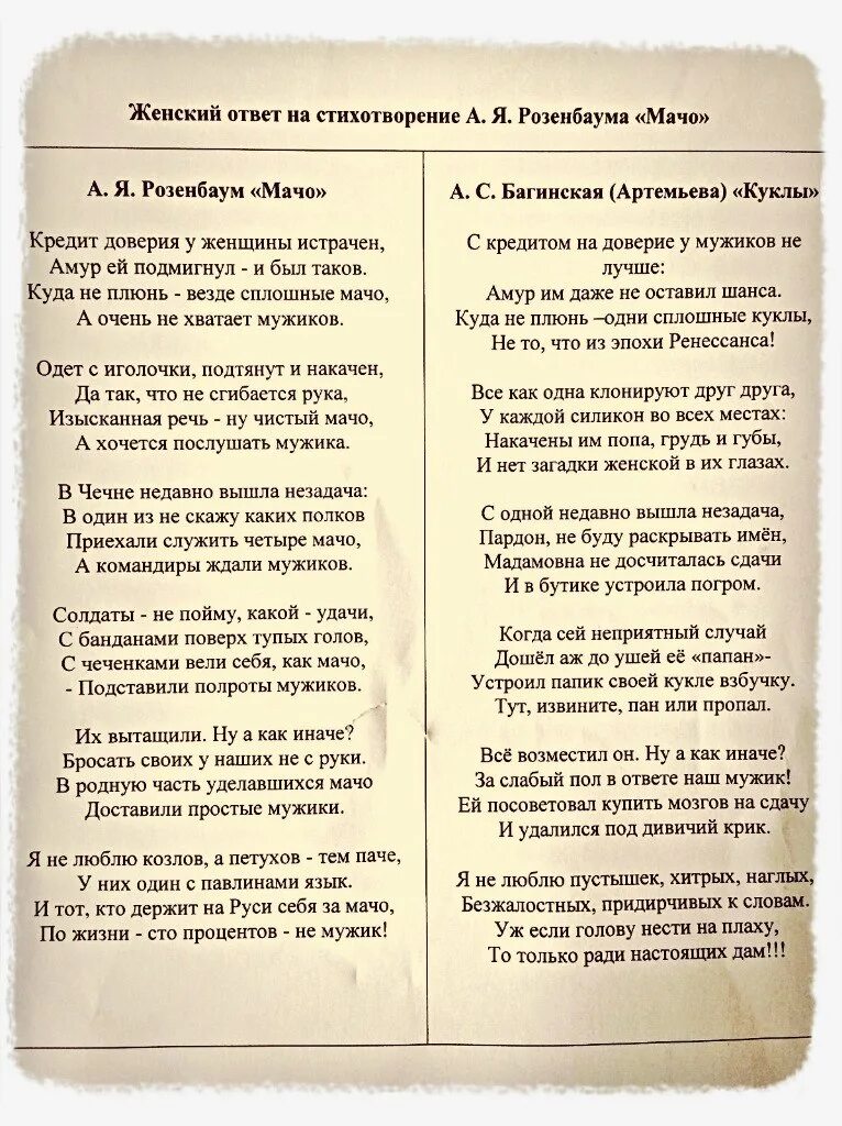 Розенбаум стихотворение возраст. Стихотворение про мачо. Стих Розенбаума про мачо. Стих про мачо и мужика. Стих кредит доверия у женщины истрачен.