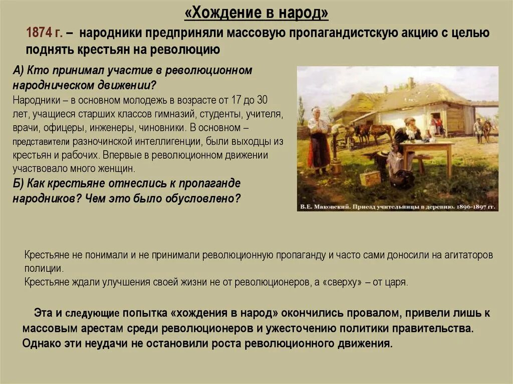 Первое хождение в народ 1874. Хождение в народ 1874 цели. 1874 Народники. Массовое "хождение в народ" народников было в....