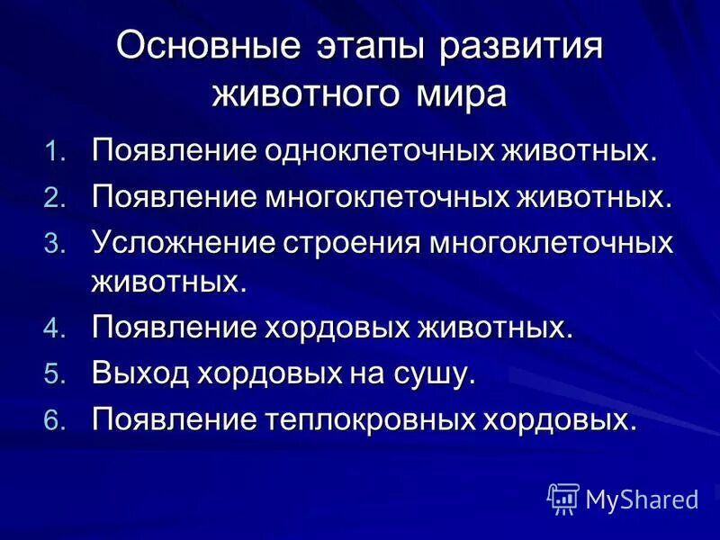 Основные этапы развития животных 8 класс