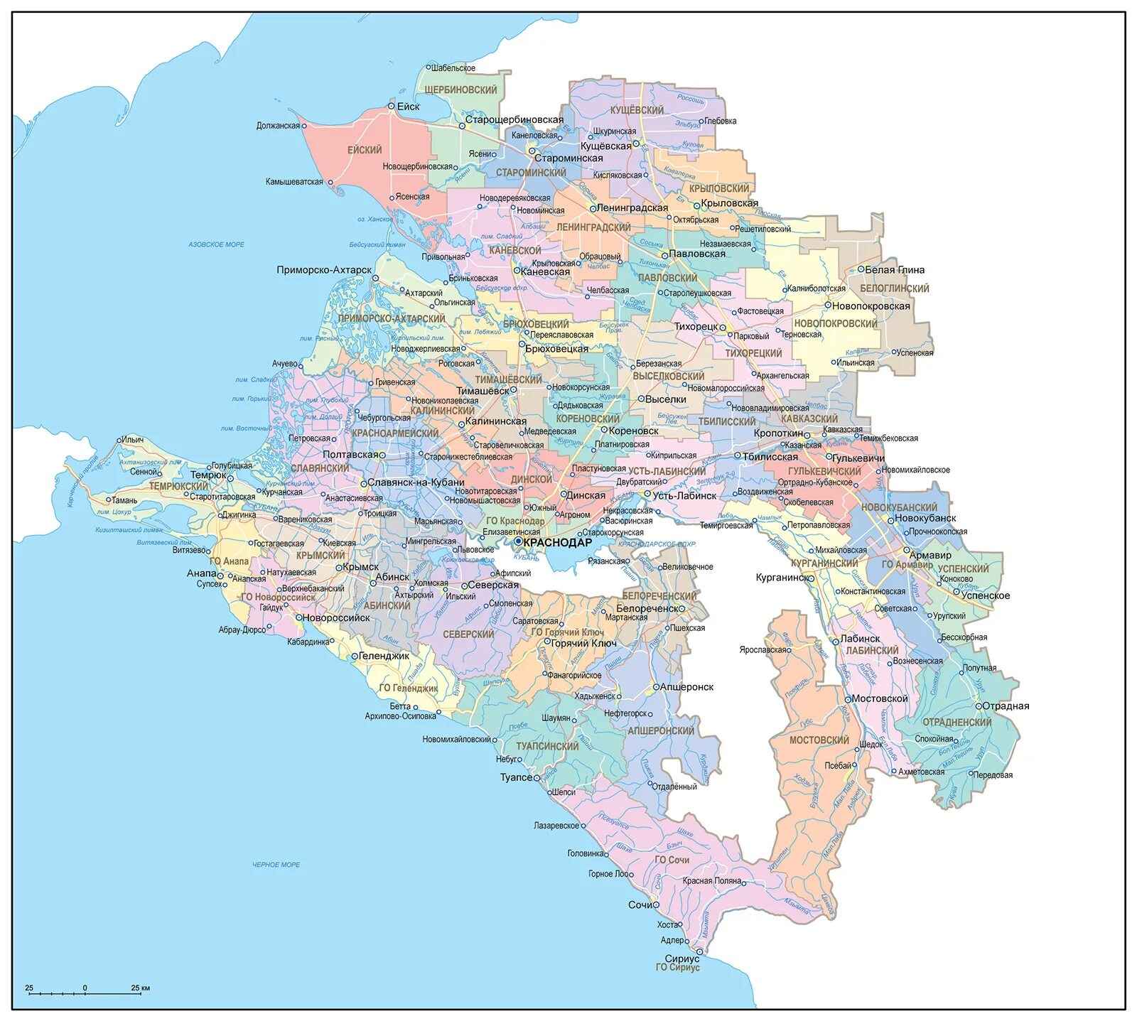 Политическая карта Краснодарского края. Краснодарский край карта с районами и поселками. Краснодарский край карта с городами и поселками. Карта Краснодарского края с городами.