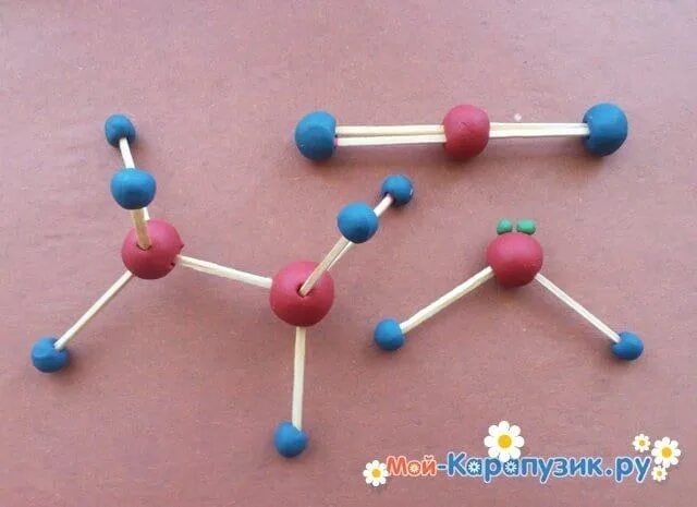 Модель молекулы 1-хлорпропана из пластилина. Модель молекулы бутена-2 из пластилина. Модель молекулы воды из пластилина.
