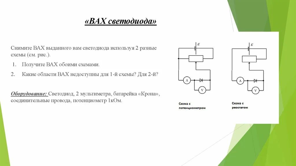 Схема для измерения вах черного ящика. Светоизлучающий диод вах. Вольт амперная характеристика светодиода.