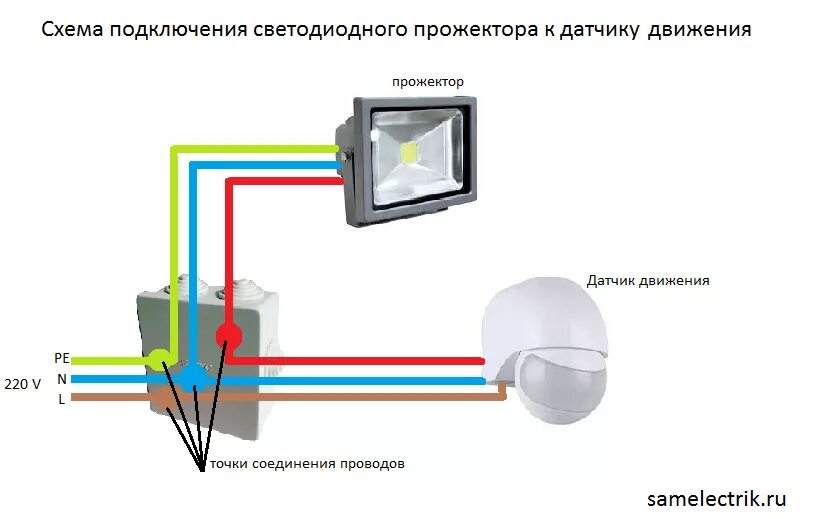 Как подключить движения. Схема подключения светодиодных прожекторов 220в. Схема подключения диодного фонаря с датчиком движения. Галогеновый прожектор с датчиком движения схема подключения. Схема подключения датчиков движения и фотоэлемента.
