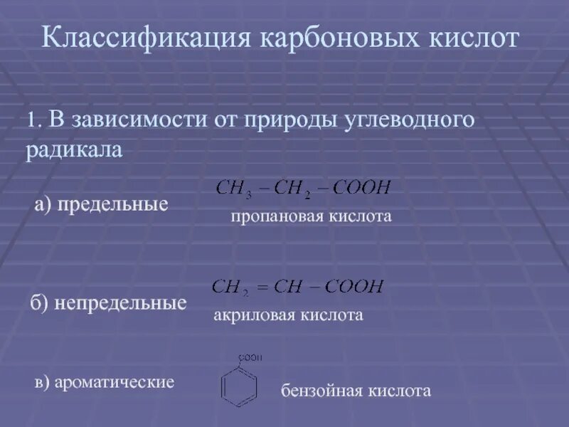 Предельные и непредельные карбоновые кислоты. Классификация карбоновых кислот. Классификация карбоновых кислот в зависимости от радикала. Классификация карбоновых кислот в зависимости от природы радикала.