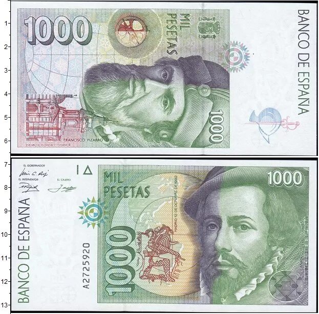 Купюра нумизмата. Купюра Spain 1000 Pesetas. Рублей 1000 Испания. Испанская 1000 в рублях. 500 Испанских песо в рублях.