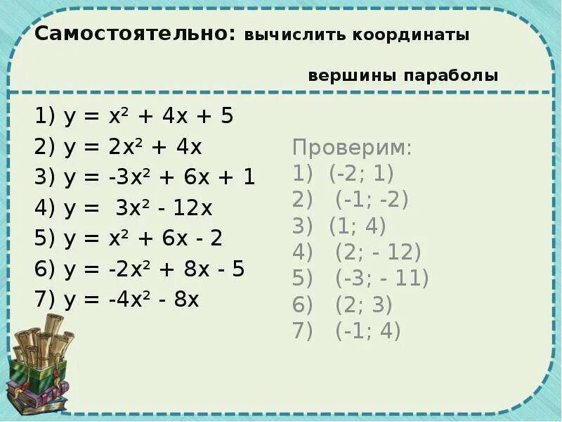 Вычислить ch. Разложить уравнения (х2-11х). Вычислите координаты вершины параболы у -4х2+6х-3. Вычислите х³ + 2х⁴-х штрих. Определи коэффициенты квадратного трехчлена 3х+5-4х2.