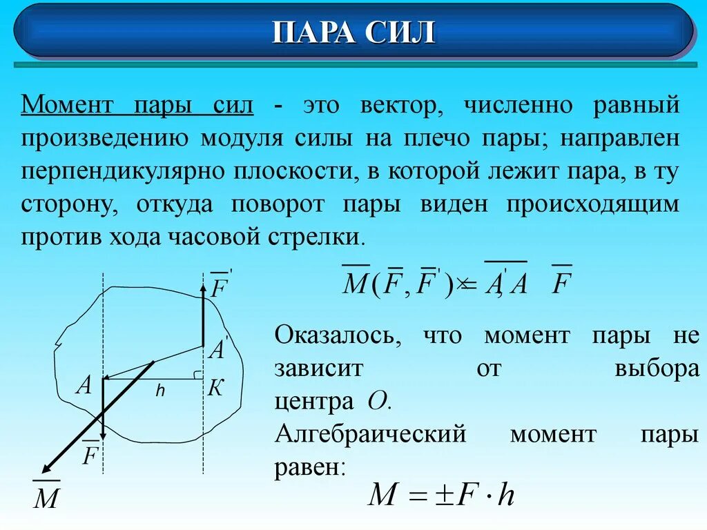 Модуль h равен 0. Вектор момента пары сил. Момент пары сил. Момент силы пары сил. Пара сил момент пары сил.