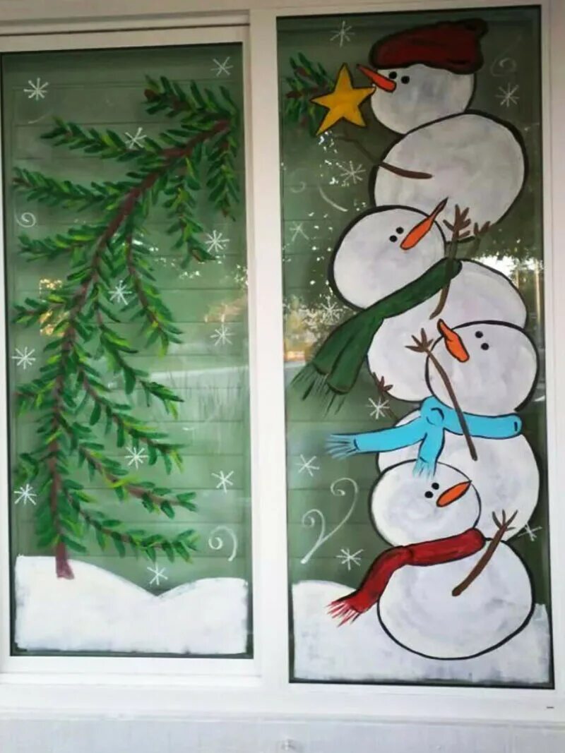 Красивые рисунки на окна. Новогодние рисунки на окнах. Украсить окна к новому году. Снеговички для украшения окон. Новогодняя роспись окон.
