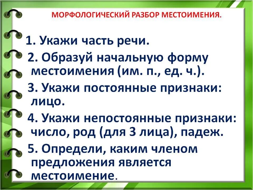 5 любых местоимений. Порядок морфологического разбора местоимения 4 класс. Морфологический разбор местоимения примеры с предложениями. Морфологический разбор местоимения порядок разбора. Морфологический разбор русского языка части речи местоимение.