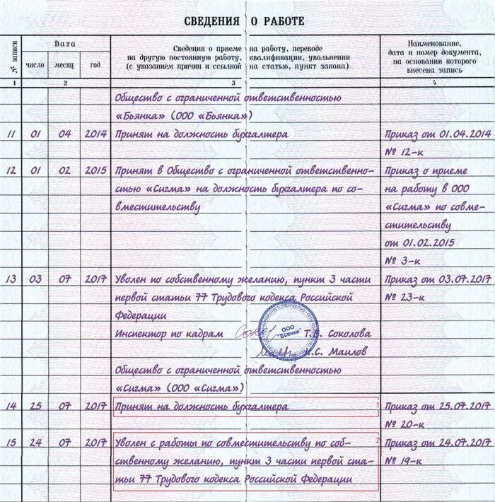 Запись в трудовую увольнение совместителя. Запись о переводе по совместительству в трудовую книжку образец. Увольнение по совместительству запись в трудовой книжке. Прием по совместительству запись в трудовой книжке. Запись в трудовой по основному месту работы и по совместительству.