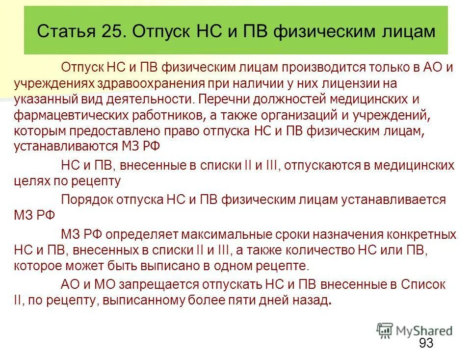 Статья 25 б. Отпуск НС И ПВ. Порядок хранения НС И ПВ. Отпуск наркотических средств. Порядок отпуска НС И ПВ.