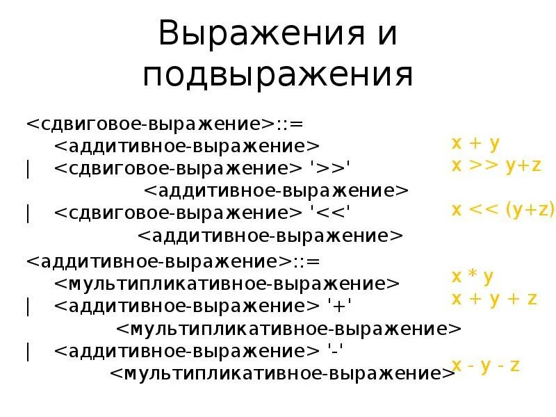 Выражения языка. Языковые выражения. Аддитивный язык и мультипликативный язык. Подвыражение. Разложить по подвыражению.