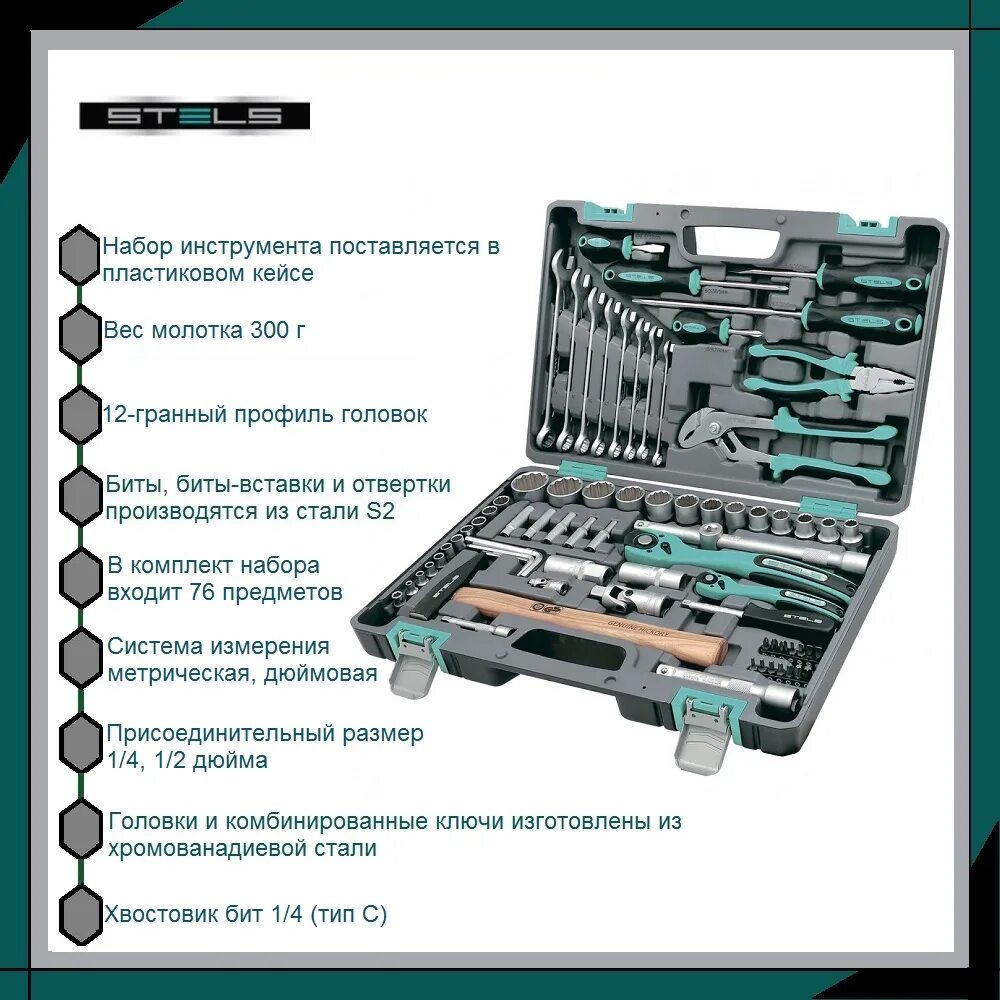 Stels набор инструментов 76 предметов 12 гранные головки 14116. Набор инструментов ,1/2, 1/4, CRV, пластиковый кейс. Набор инструментов стелс 14116. Набор инструментов stels 14116 76 предметов. Набор инструментов 12 гранные головки