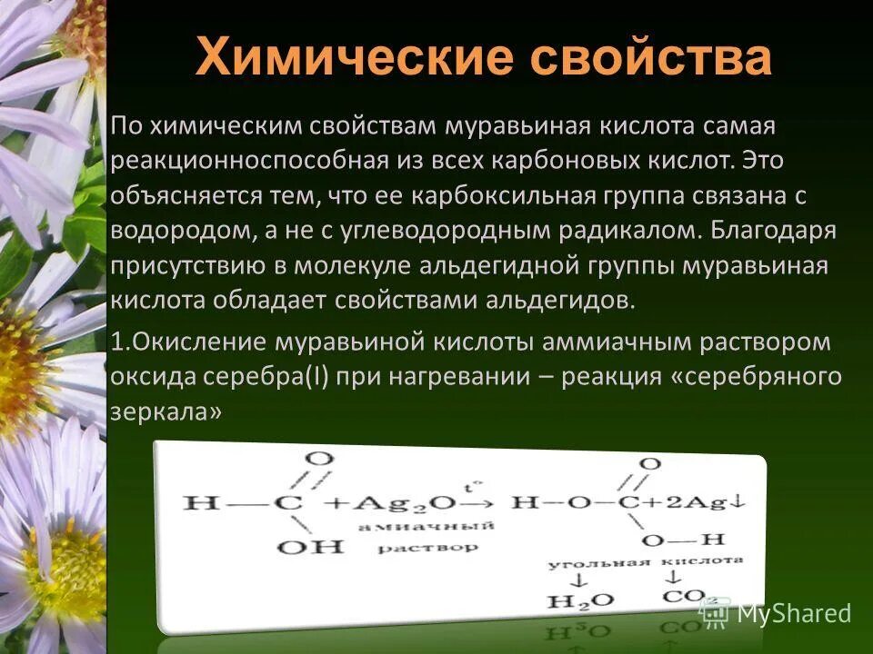 Свойства муравьиной и уксусной кислоты. Из муравьиной кислоты.