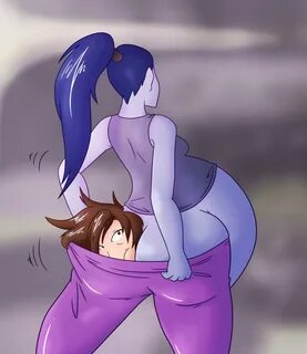 tracer, widowmaker, overwatch, tagme, anal vore, big belly, brown hair, pur...
