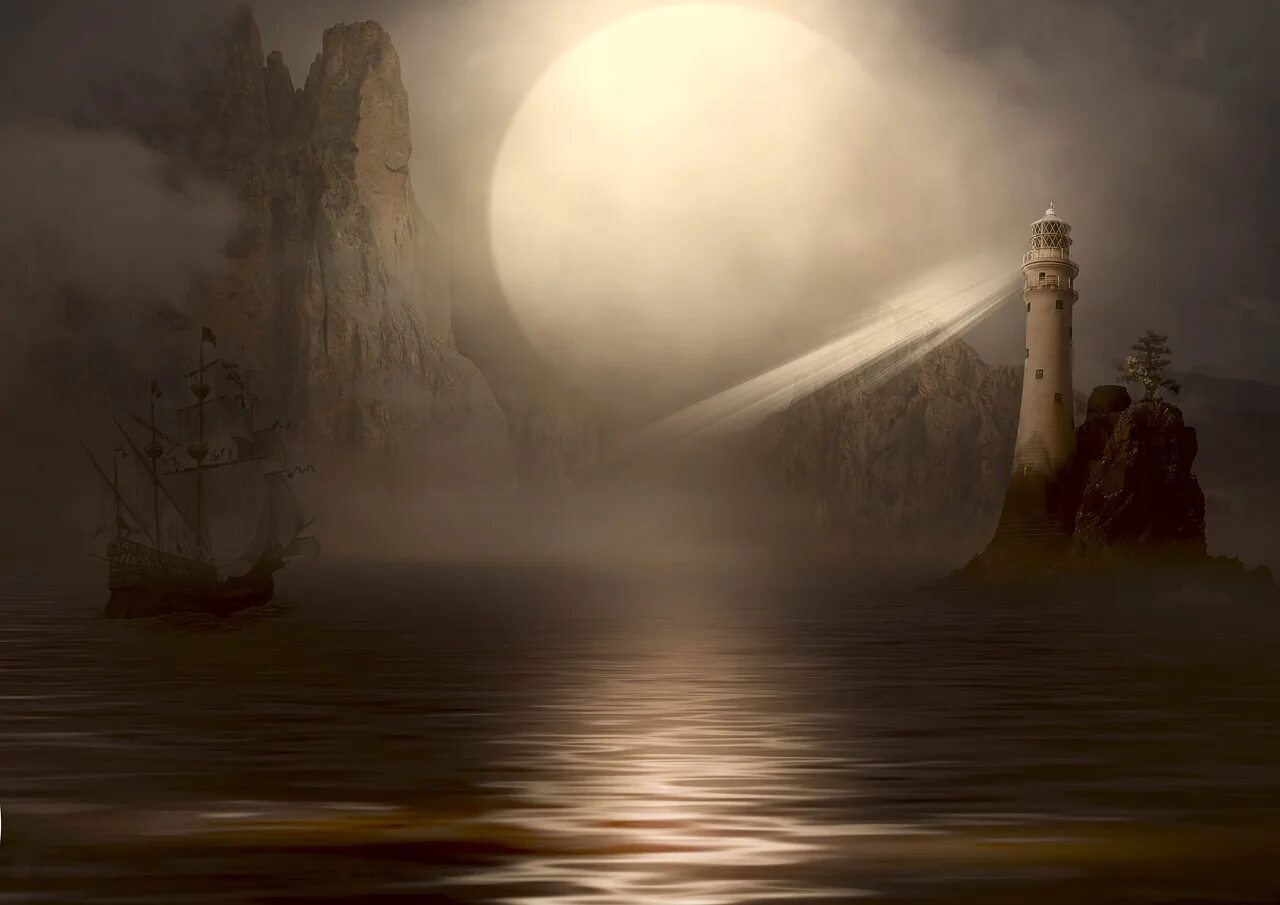 Море маяк корабль. Маяк фэнтези. море маяк фэнтези. маяк корабль фэнтези. море туман арт.