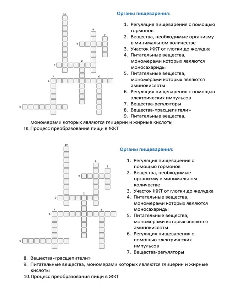 Кроссворд по пищеварительной системе