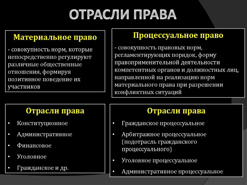 Материальное право и процессуальное право отрасли.