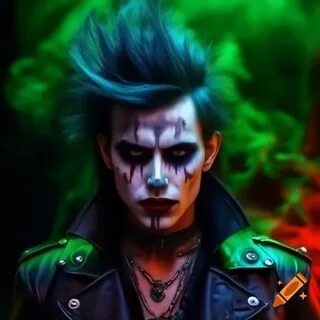 Psychedelic punk rock vampire with messy hair and piercings against.