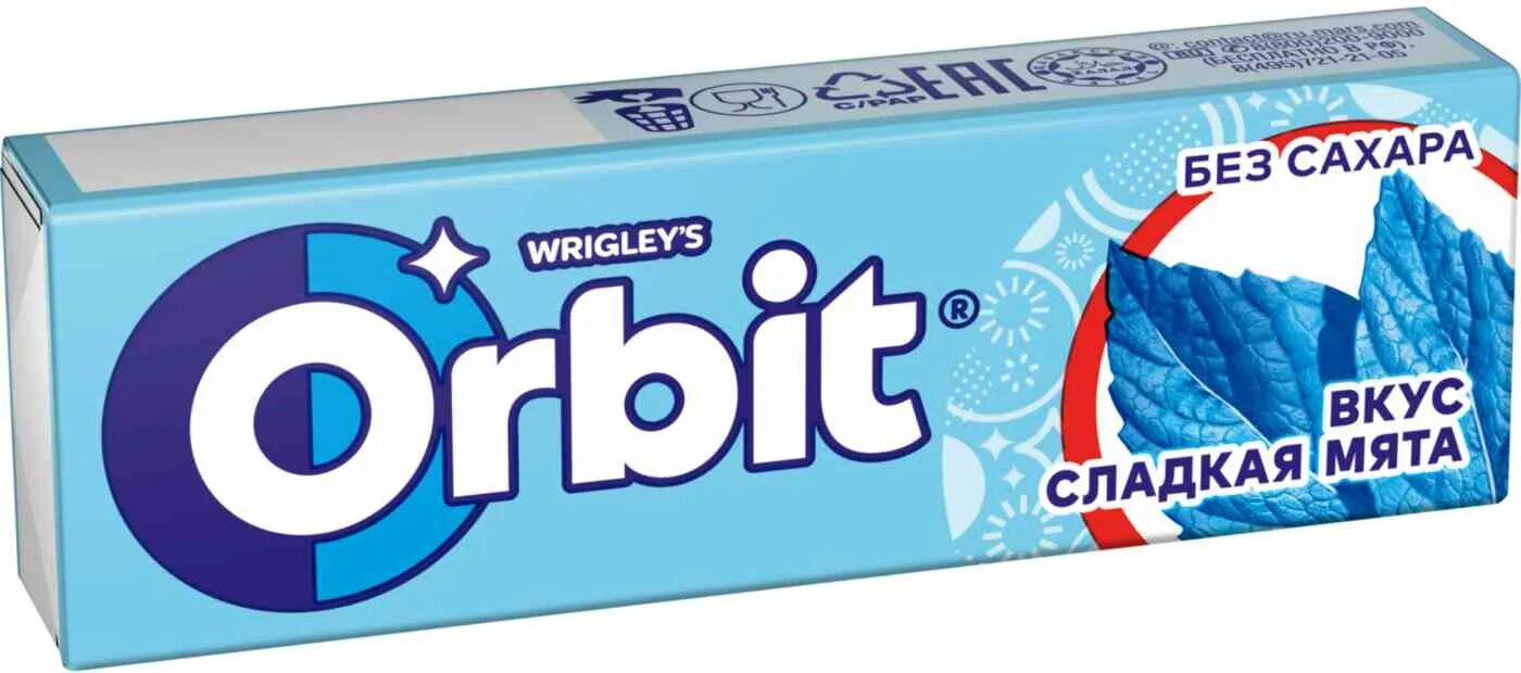 Жевательная резинка Orbit сладкая мята 13,6. Жевательная резинка Orbit "сладкая мята" без сахара 13,6 гр.. Orbit "сладкая мята", 34 г. Orbit, жеват.резинка, сладкая мята, 13,6 г.