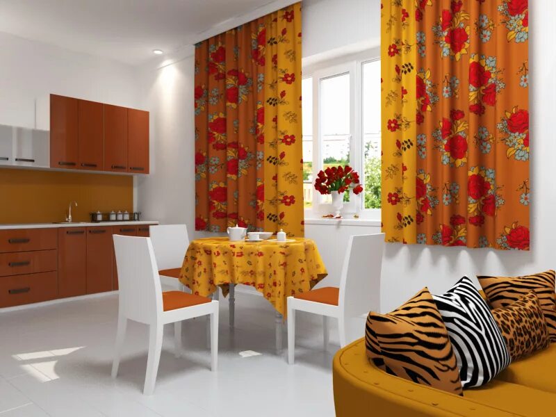 Оранжевые шторы на кухню. Оранжевые занавески на кухню. Яркие шторы на кухню. Оранжевые шторы в интерьере кухни.