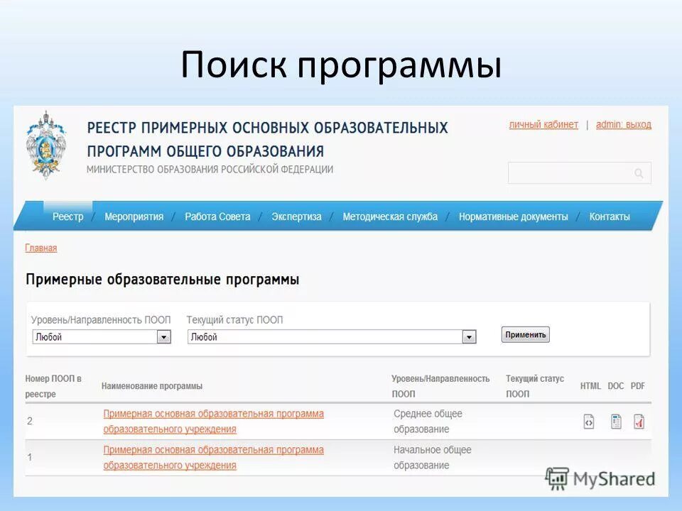Реестр образование программы. Реестр основных образовательных программ. Реестр примерных программ. Реестр примерных основных образовательных программ. Сайте федерального реестра образования
