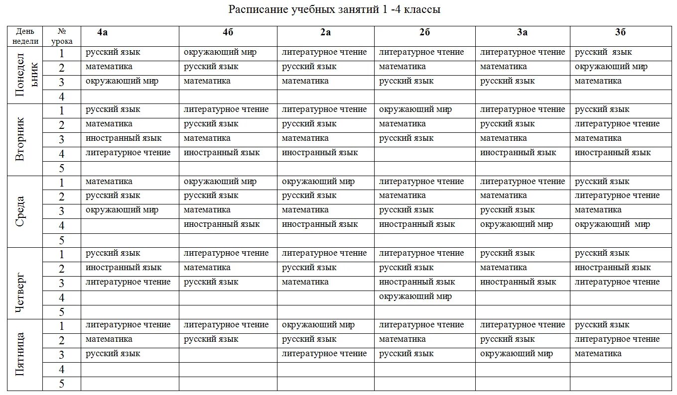 Расписание уроков в первом классе