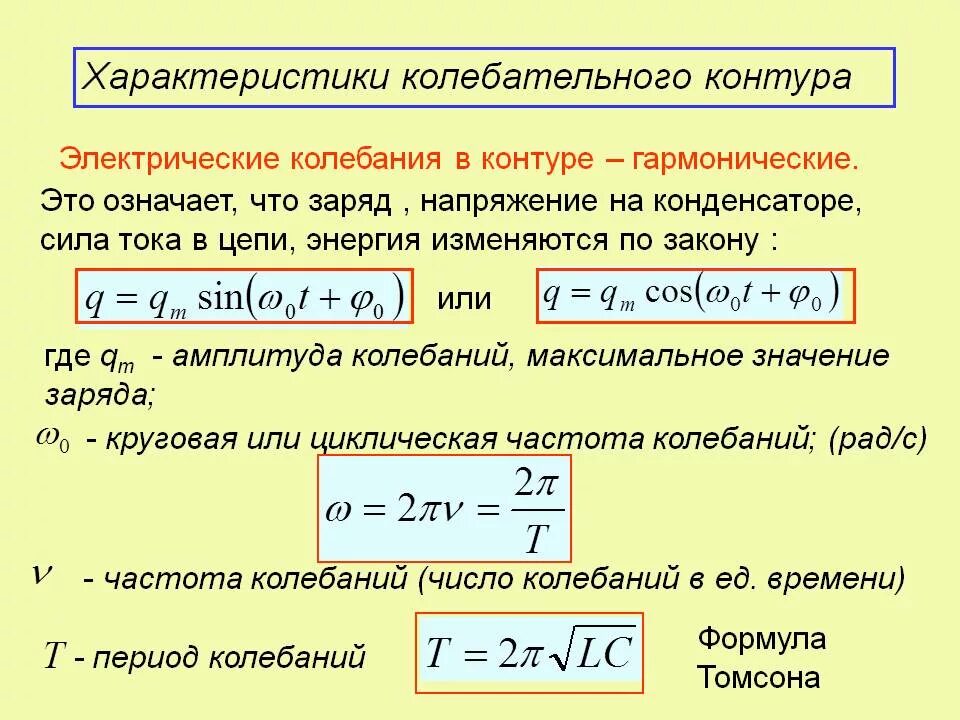 Формула собственных колебаний контура. Формула для расчета амплитуды колебаний. Как найти период колебаний заряда. Как найти период электрических колебаний. Заряд на обкладках конденсатора идеального колебательного