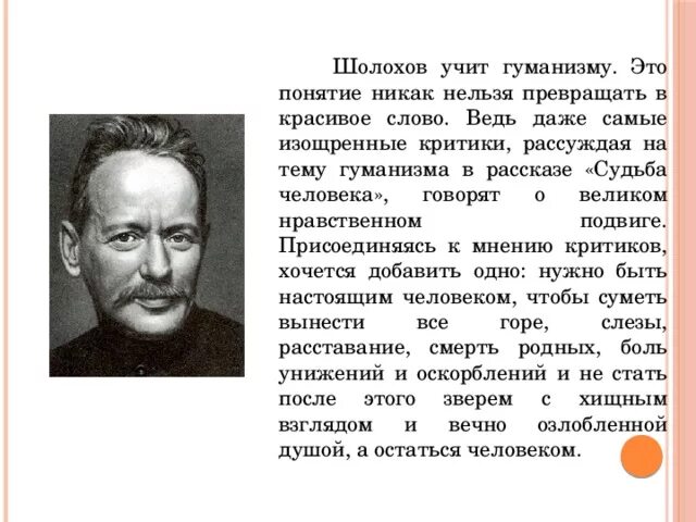 Человечность в рассказе шолохова судьба человека. Презентация Шелохов судьба человека. Критики Шолохова. Гуманность в произведении судьба человека Шолохов. Отношение критиков к Шолохову.