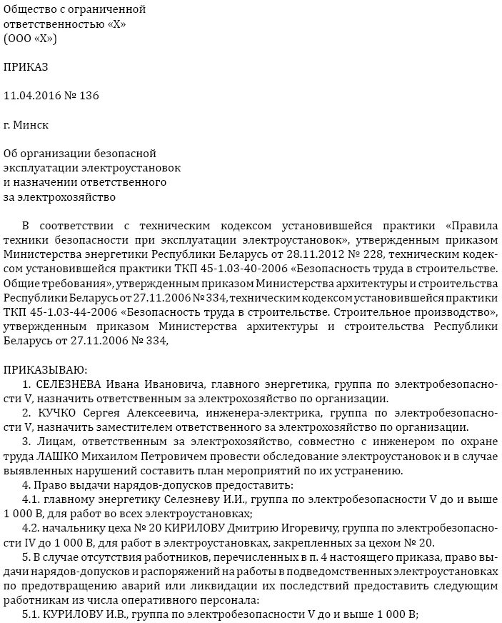 Приказ об организации эксплуатации электроустановок. Пример приказа о назначении ответственного за электрохозяйство. Распоряжение о безопасности проведения работ. Приказ ответственный за Электрооборудование. В каком случае ответственным за электрохозяйство