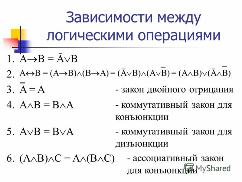 Установите соответствие между логическими операциями. Логические операции. Дискретная математика формулы. Зависимости между операциями логики. Формулы взаимосвязи между логическими операциями.