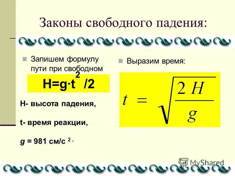 Формула свободного падения. Формула свободногоппадения. Свободное падение тел формулы. Скорость при Свободном падении формула.