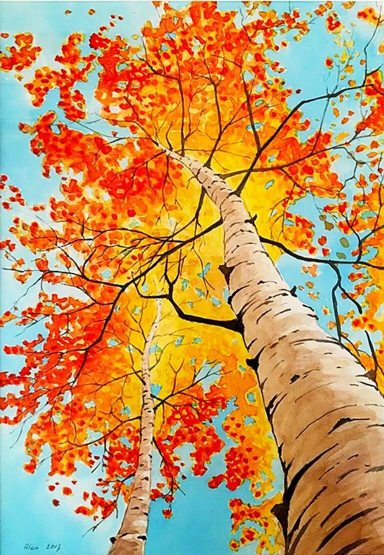 Снизу картины. Осеннее дерево. Рисование осеннее дерево. Рисунок осень. Рисование деревья осенью.