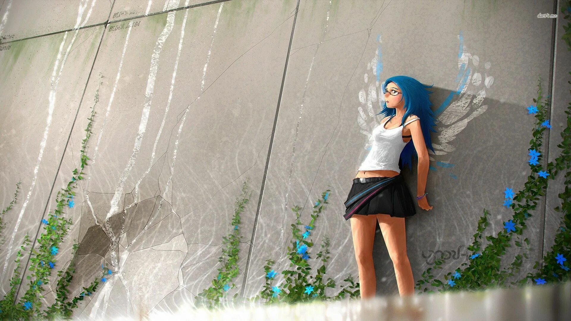 Стек и девушка. Девушка прислонилась к стене. Девушка в синем. Девушка с синими волосами в юбке. Девушка Windows.