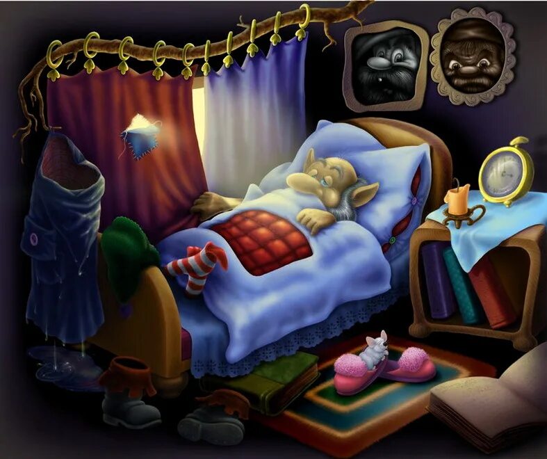 Спящие герои сказок. Сказочная кровать. Спокойной ночи сказочные. Уютных снов. Сказочная ночь.