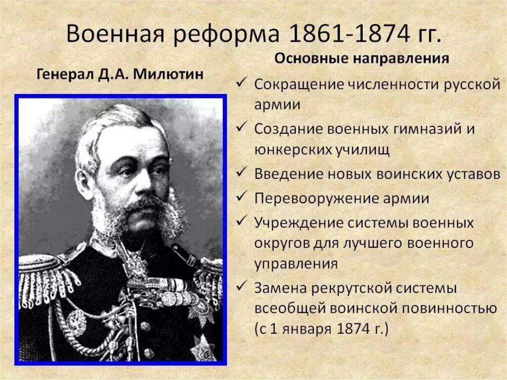 Милютин 1874. Военные реформы Милютина 1860-1870. Реформа Милютина 1874. Введение в россии всесословной воинской повинности год