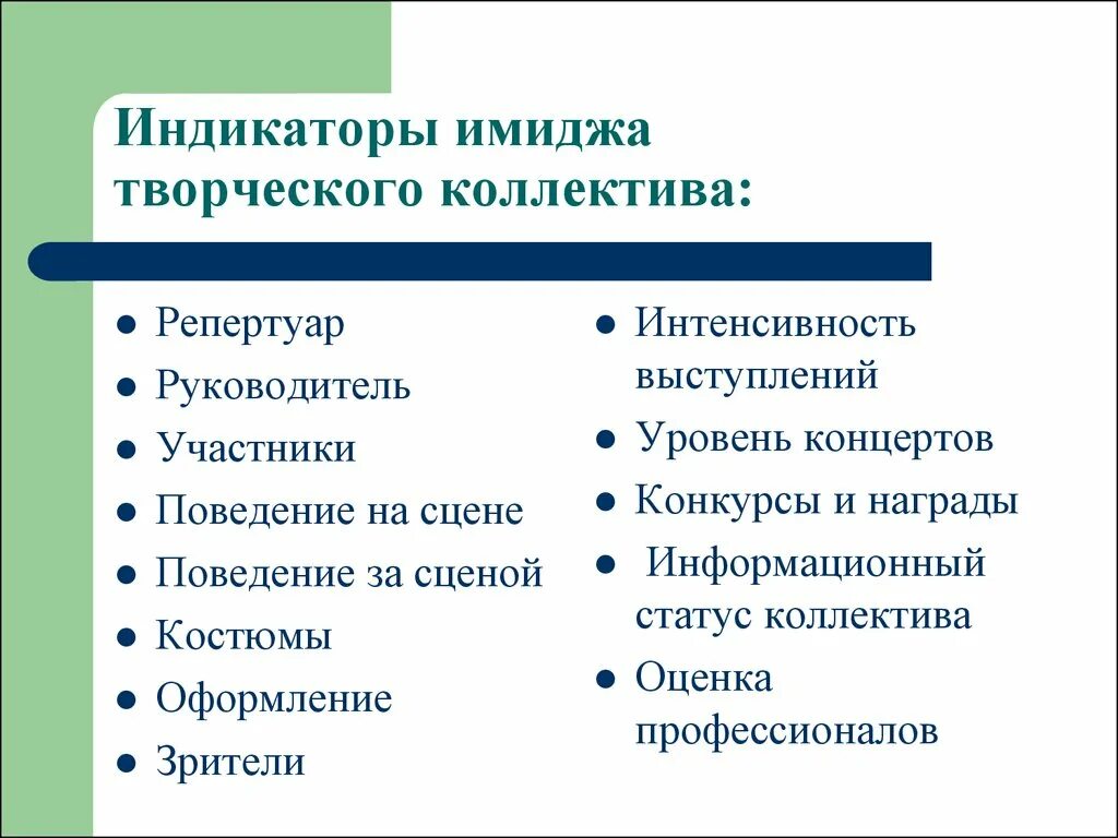 Принципы творческого коллектива. Имидж коллектива. Уровни имиджа. Индикаторы потребительского имиджа школы. Основных индикаторов имиджа.