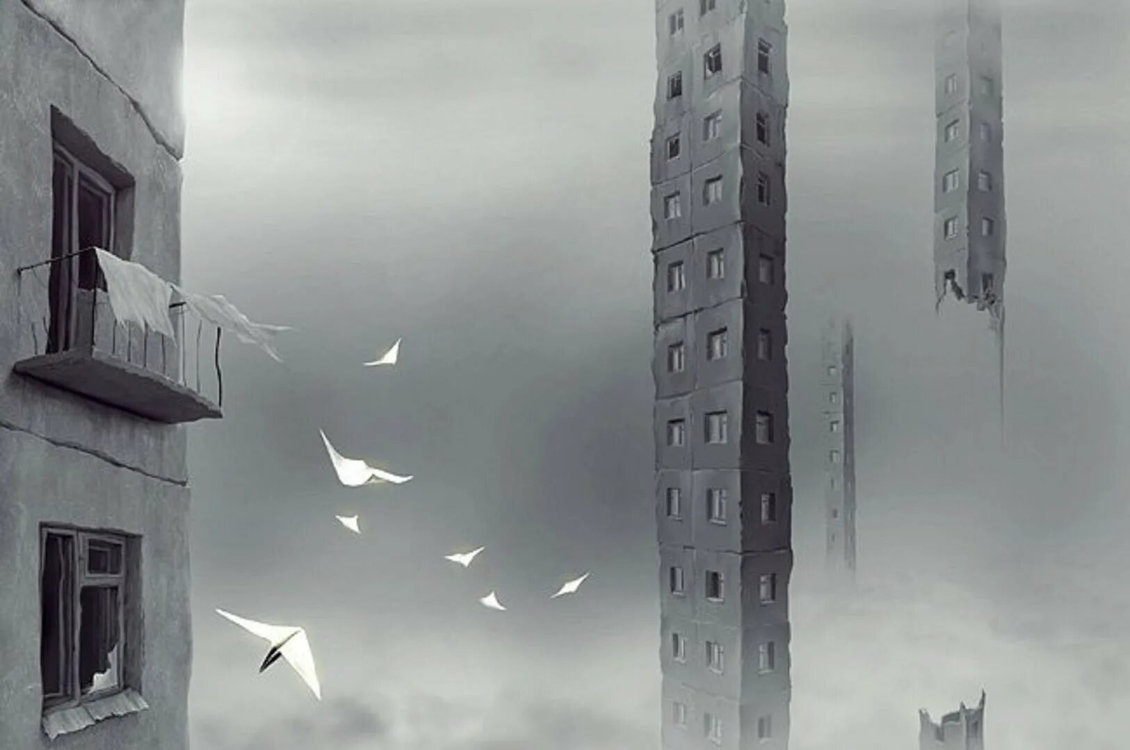 Вижу мир серым. Мир рушится. сюрреалистические здания.