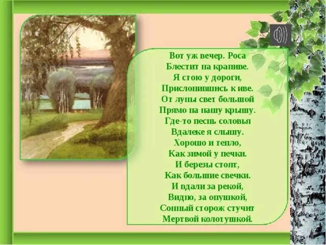 березы стоят как большие свечки. сергей есенин вот уж вечер роса. вот уж вечер роса. есенин стихи вот уж вечер роса блестит на крапиве. березы стоят как большие свечки.