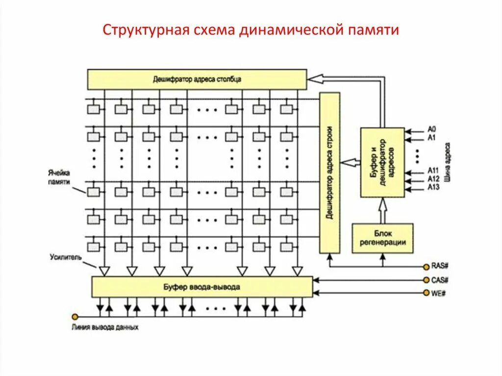 Динамическая память. Упрощенная структурная схема динамической оперативной памяти. Структурная схема ячейки динамической памяти. Схема ячейки памяти динамического ОЗУ. Логическая структура оперативной памяти.