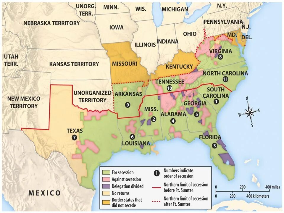 Карта США 1861. Рабовладельческие штаты США В 1861-1865. Войны сша карта