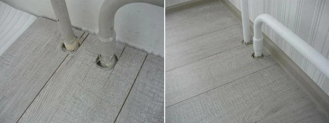 Ламинат у трубы отопления. Ламинат возле труб отопления. Ламинат под трубы. Укладка ламината вокруг труб. Плинтус для труб отопления.