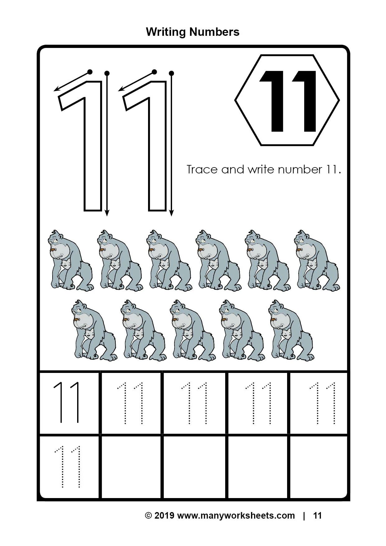 Number 11 worksheet. Trace numbers 11-20. eleven worksheet.
