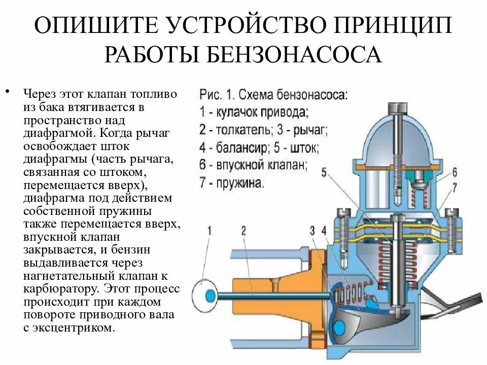 Топливный насос принцип. Топливный насос ВАЗ 2107 карбюратор схема. Топливный насос ВАЗ 2106 схема. Как работает топливный насос. Топливный насос схема устройства.