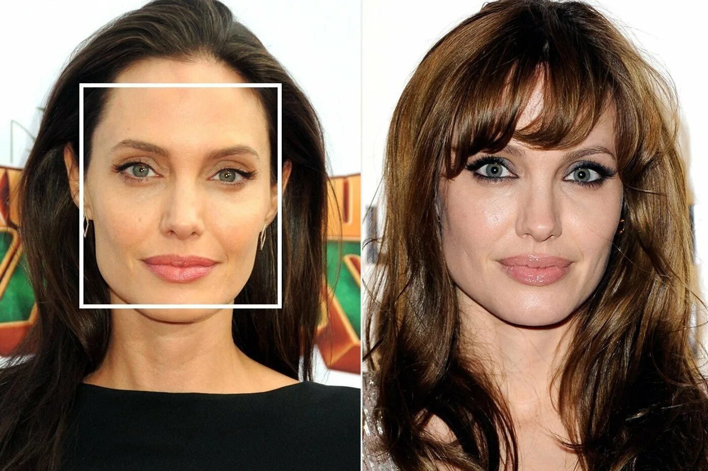 Челка шторка у Анджелины Джоли. Квадратное лицо. Актрисы с челкой и без. Стрижки для широкого лба.