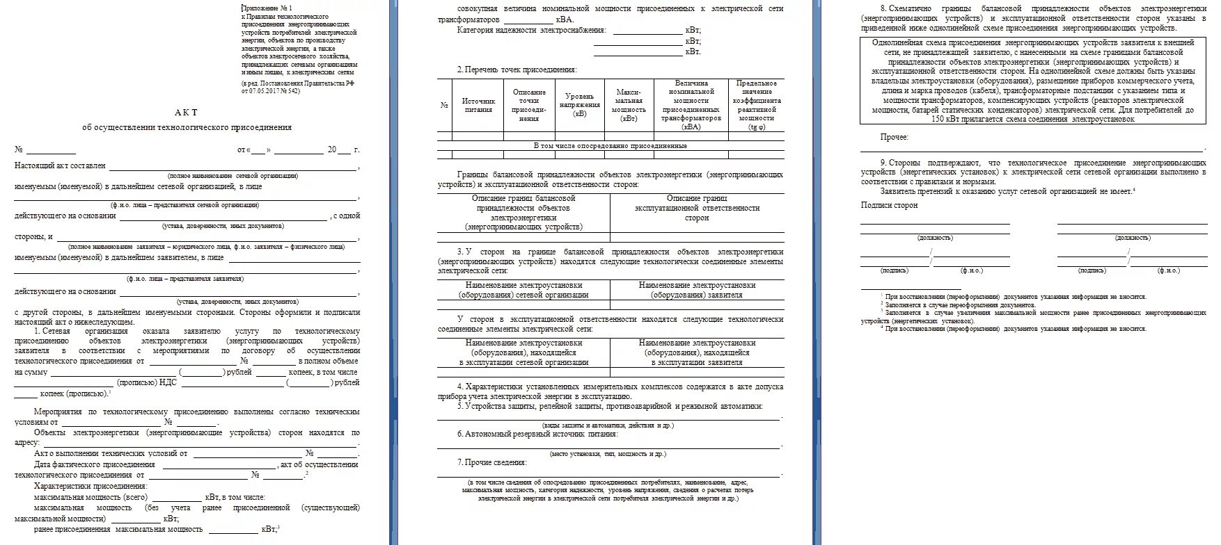 Акт осуществления технологического присоединения к электрическим сетям